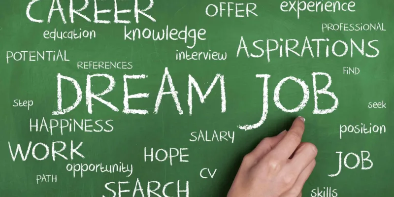 Tablica z napisem Dream Job i słowami o karierze – oferta pracy w Chicago, przedstawiciel handlowy