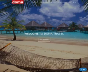 DomaTravel.com – strona internetowa (projekt Media Express) DomaTravel.com – strona główna Doma Travel z plażą i napisem Welcome to Doma Travel, projekt Media Express Chicago
