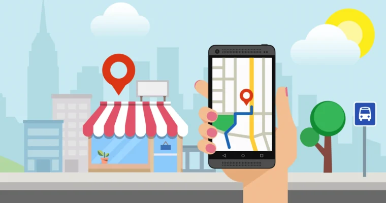 Ilustracja: smartfon z mapą Google i sklep na ulicy – pozycjonowanie lokalne w Chicago